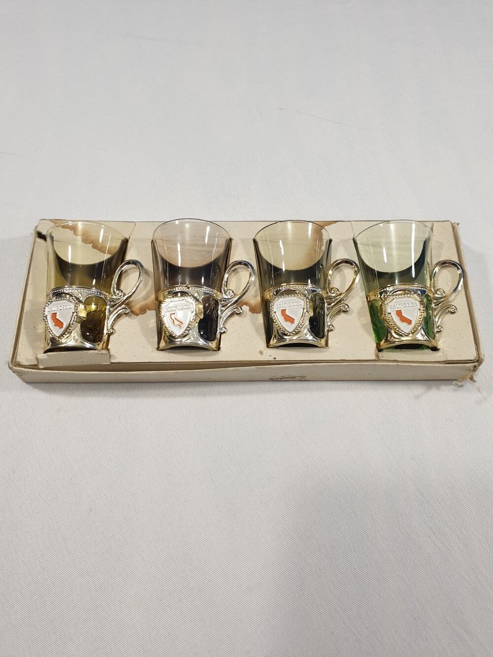Vintage Set 4 Shot Glasses Osaka Glass Wares w/Metal Holders Souvenir New York
